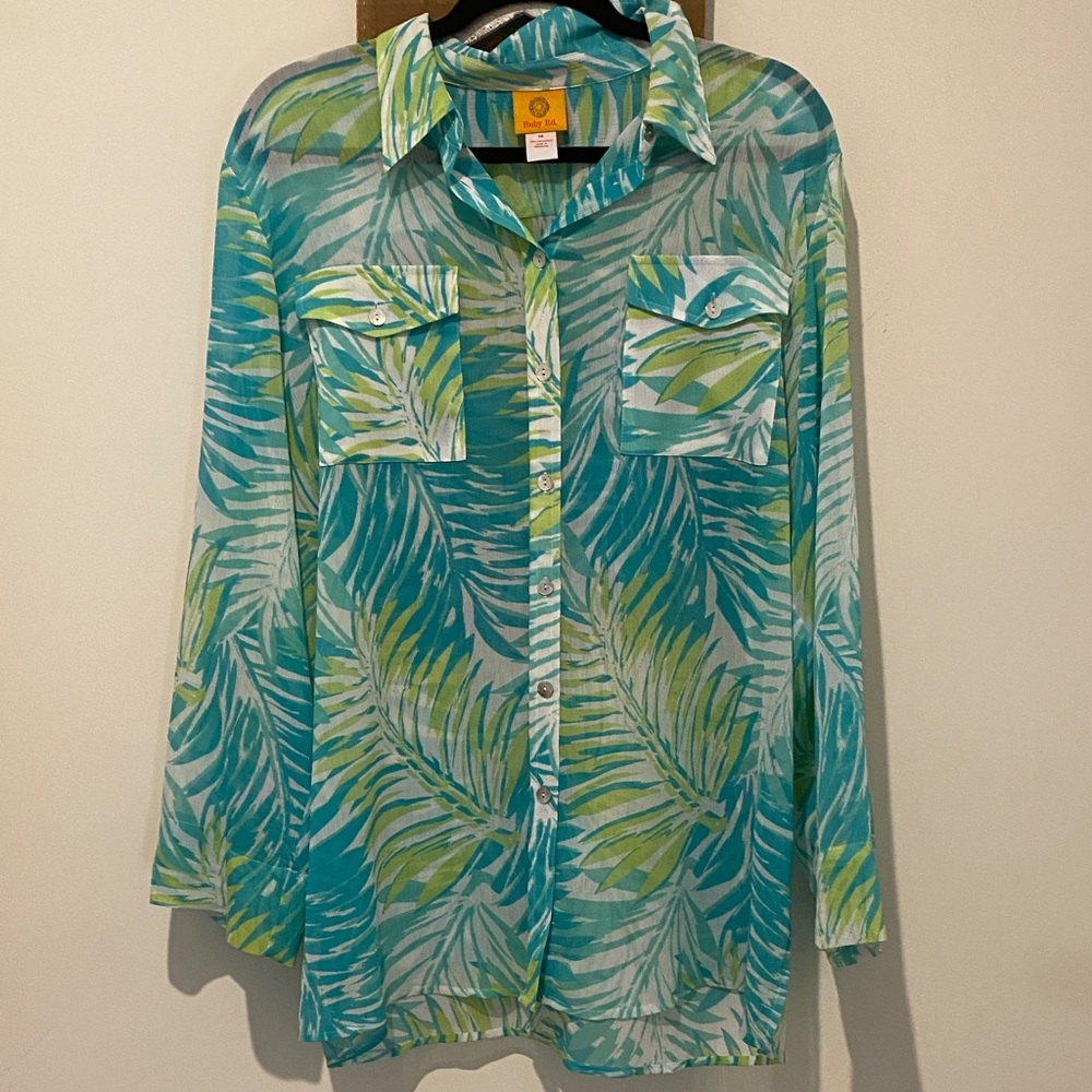 Ruby Rd. Tropical Leaf Print Button Down Shirt - … - image 1